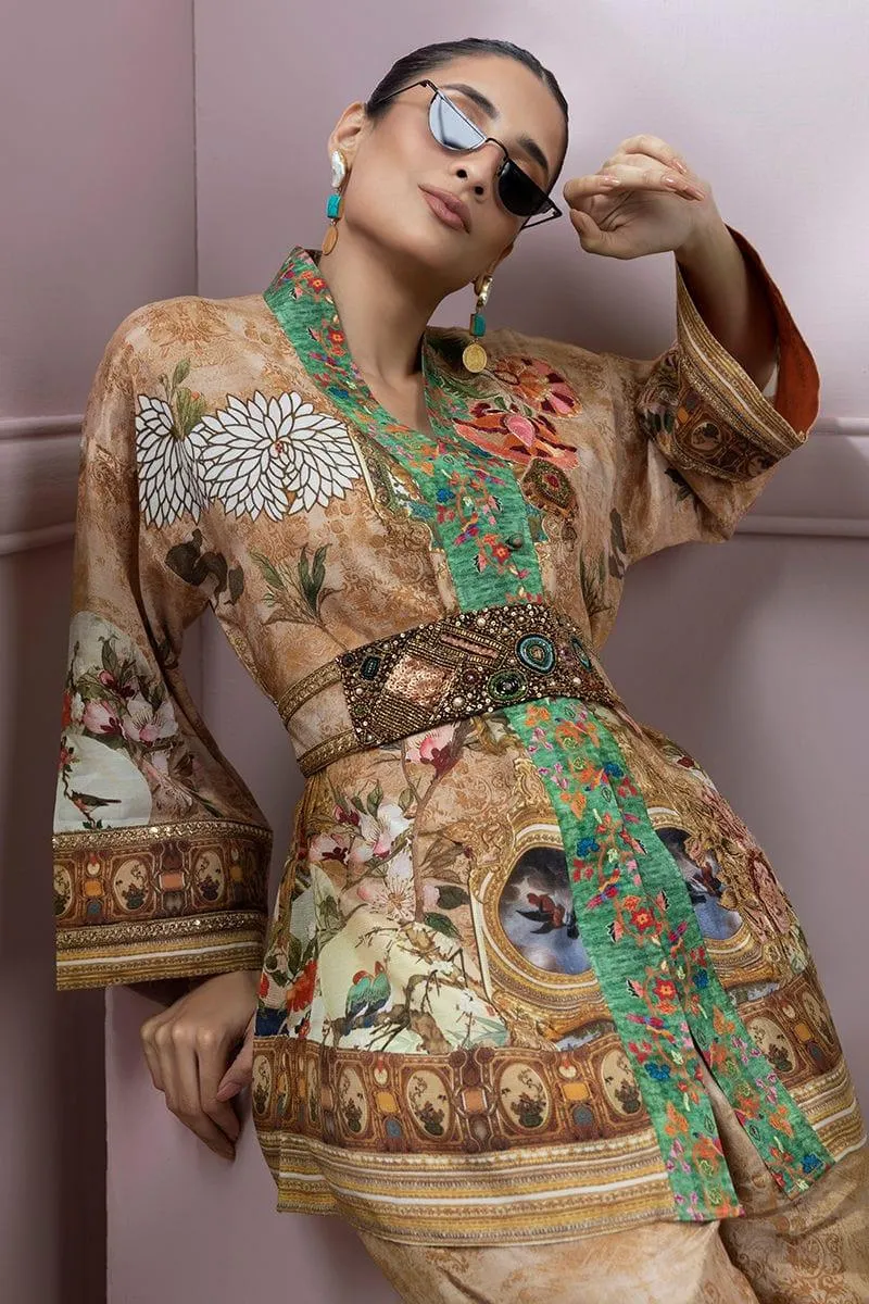 Shamaeel - Silk Embroidered Shirt and Belt with Silk Printed Pants