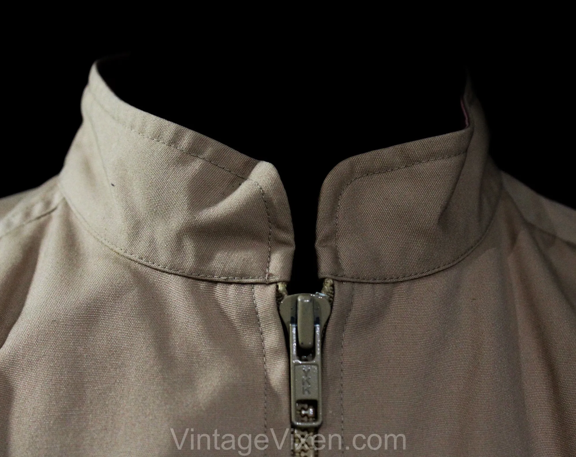 Smart 1980s Tan Canvas Dress with Pink Lining - Size 10 to 12 Khaki Shirtdress with Zip Front - Mandarin Collar - Preppy 80s - Bust 38.5
