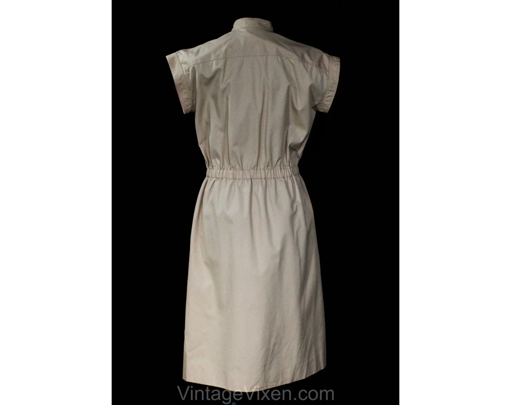 Smart 1980s Tan Canvas Dress with Pink Lining - Size 10 to 12 Khaki Shirtdress with Zip Front - Mandarin Collar - Preppy 80s - Bust 38.5