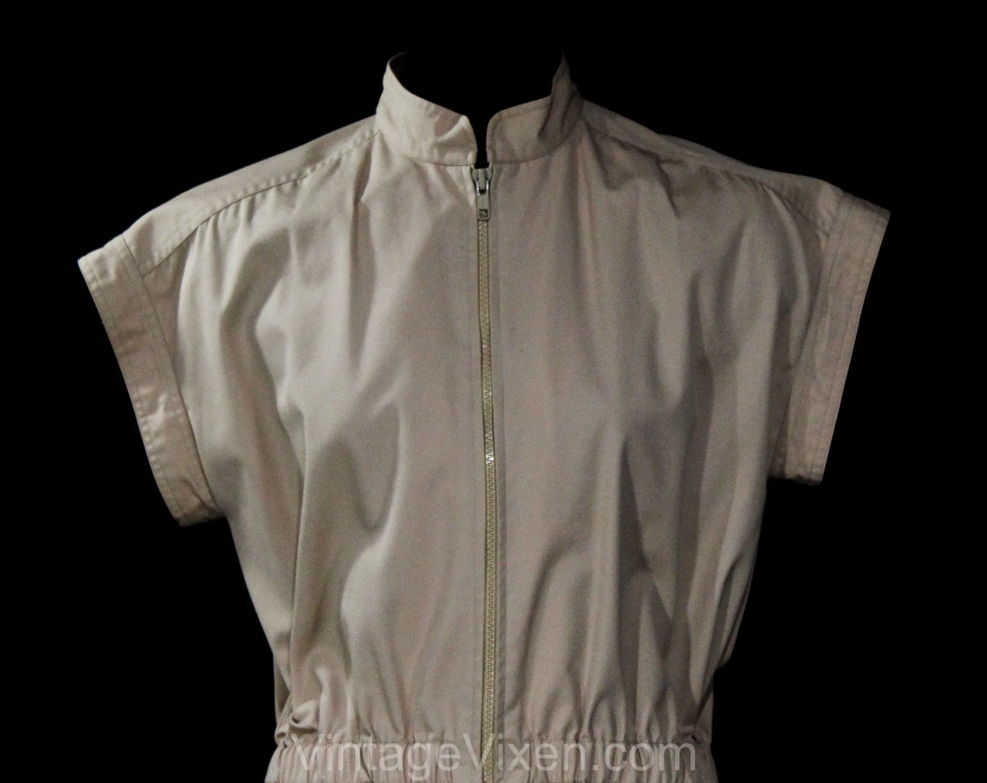 Smart 1980s Tan Canvas Dress with Pink Lining - Size 10 to 12 Khaki Shirtdress with Zip Front - Mandarin Collar - Preppy 80s - Bust 38.5
