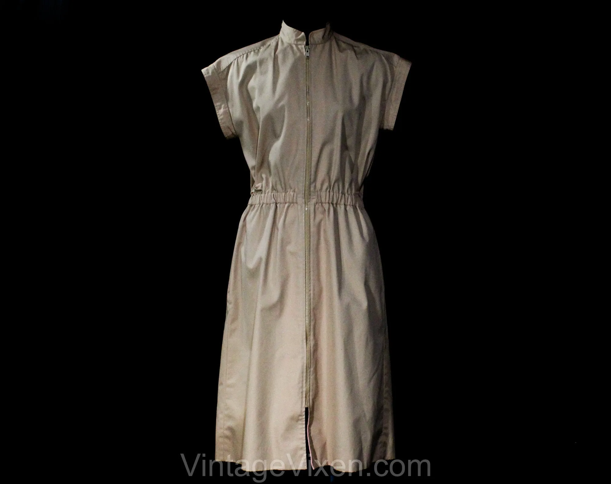 Smart 1980s Tan Canvas Dress with Pink Lining - Size 10 to 12 Khaki Shirtdress with Zip Front - Mandarin Collar - Preppy 80s - Bust 38.5