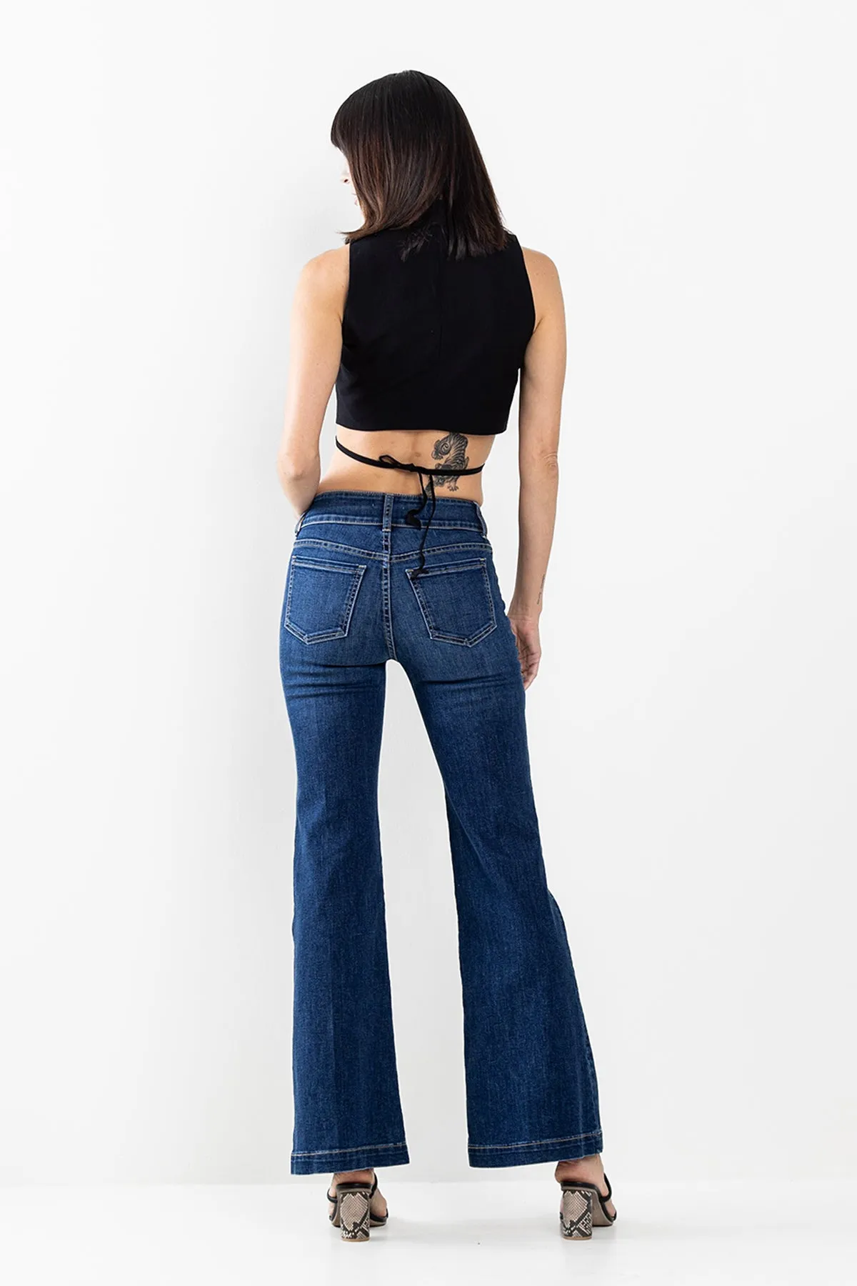 TWO BUTTON MID RISE FLARE WITH TWO FRONT POCKETS IN DARK WASH  / SP-P12474DK