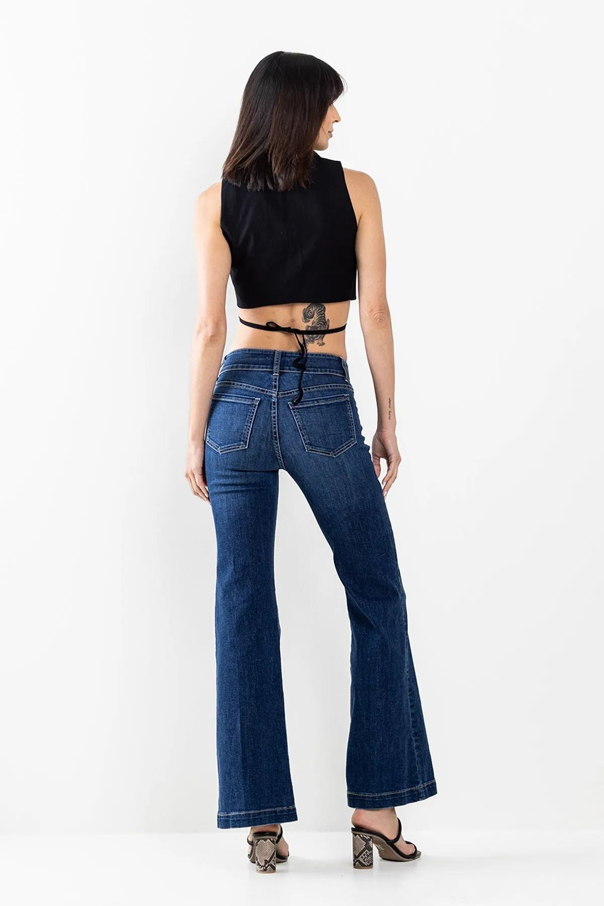 TWO BUTTON MID RISE FLARE WITH TWO FRONT POCKETS IN DARK WASH  / SP-P12474DK