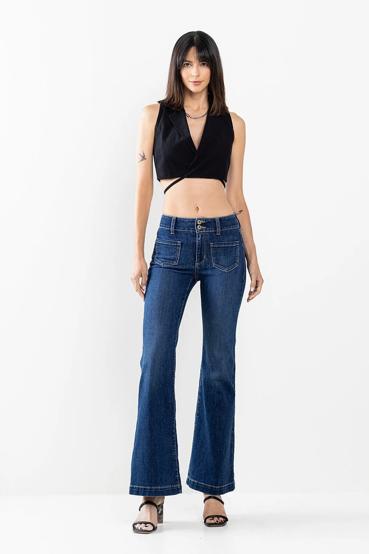 TWO BUTTON MID RISE FLARE WITH TWO FRONT POCKETS IN DARK WASH  / SP-P12474DK