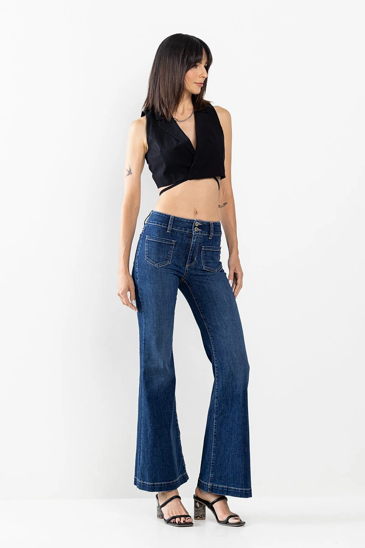TWO BUTTON MID RISE FLARE WITH TWO FRONT POCKETS IN DARK WASH  / SP-P12474DK