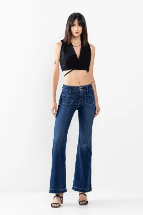 TWO BUTTON MID RISE FLARE WITH TWO FRONT POCKETS IN DARK WASH  / SP-P12474DK