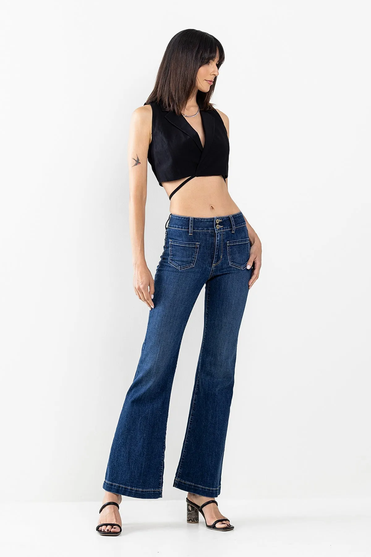 TWO BUTTON MID RISE FLARE WITH TWO FRONT POCKETS IN DARK WASH  / SP-P12474DK