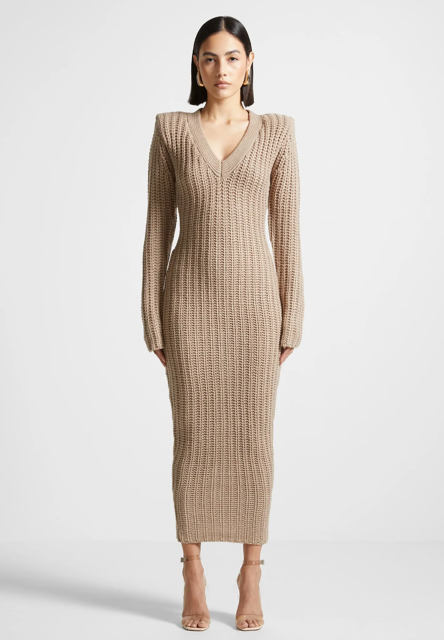 Wide Shoulder Knitted Midaxi Dress - Taupe