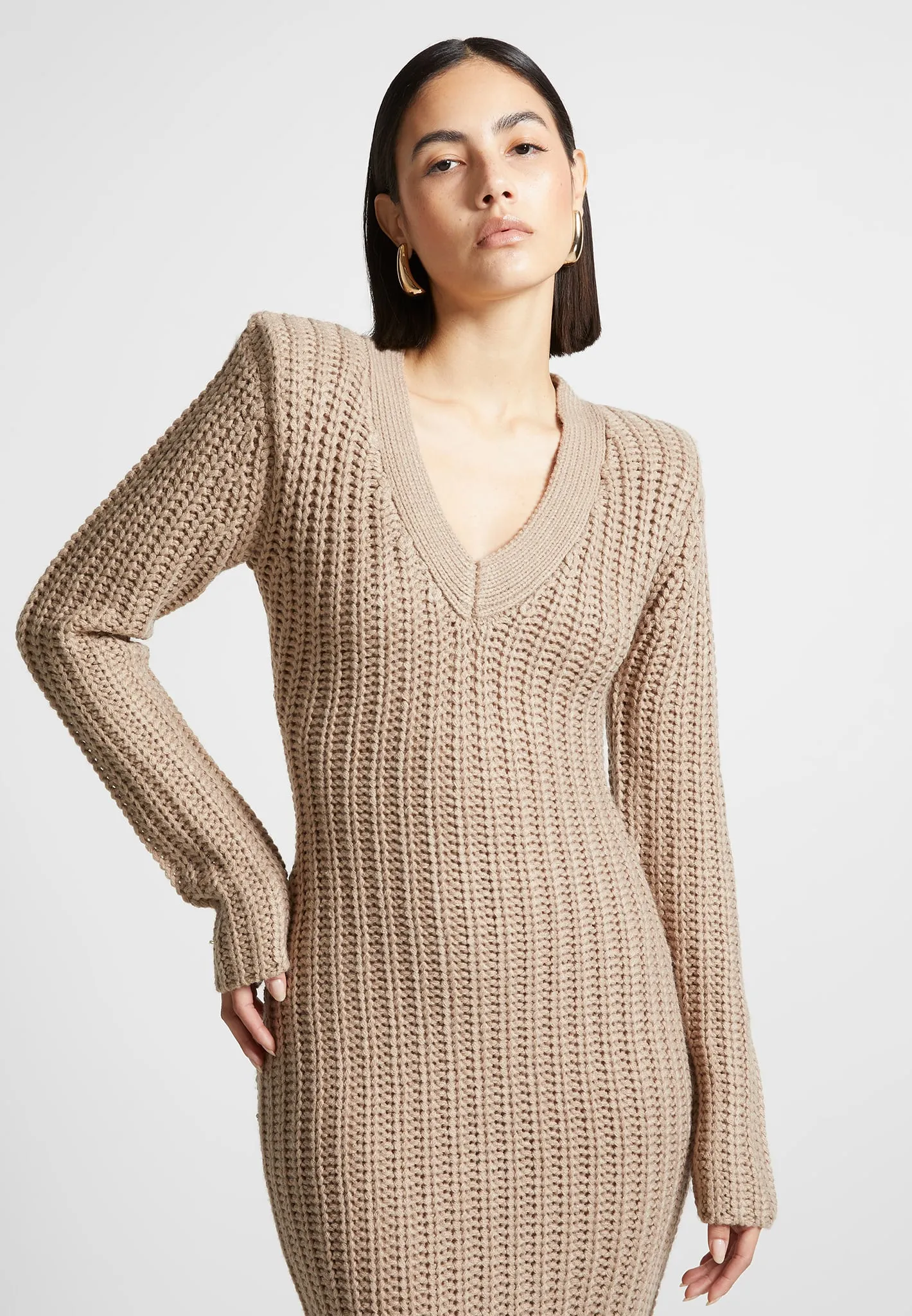 Wide Shoulder Knitted Midaxi Dress - Taupe